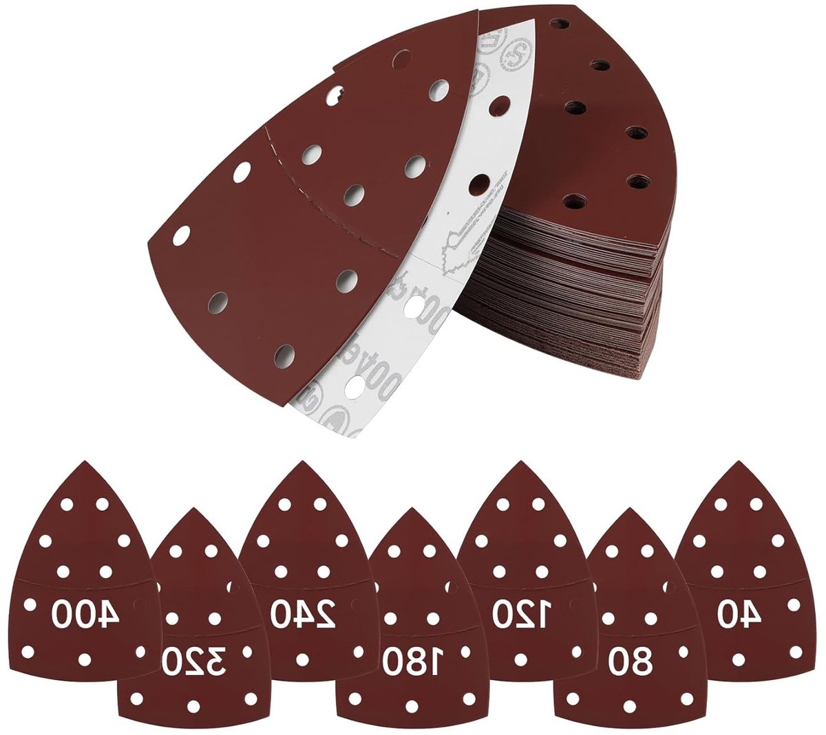 Triangulaire Schuurpapier Set van 63 Stuks, Schuurvellen met 11 Gaten voor Schuurmachines, Diverse Korrelgroottes 40/80/120/180/240/320/400 voor Efficiënt Schuren