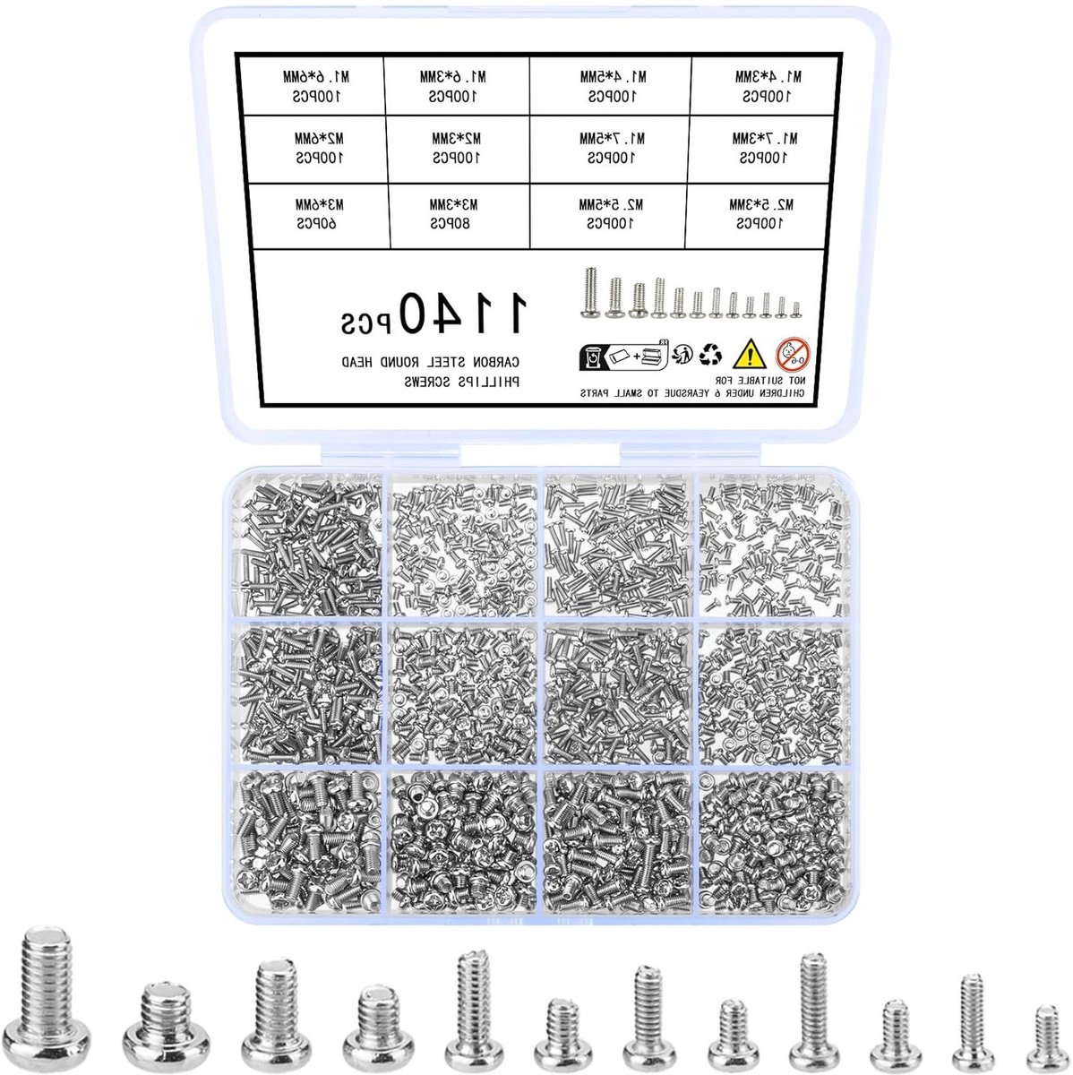 Micro Schroeven Set voor Brillen en Elektronica - 1140 Stuks Mini Schroeven, Reparatieset, M1.4, M1.6, M1.7, M2, Geschikt voor Horloges en Laptops