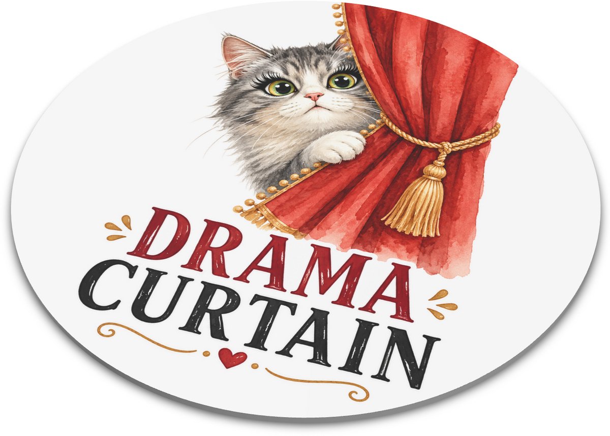 Ronde muismat pluizige kat kijkt achter rood theater gordijn tekst Drama Curtain - schattige humoristische illustratie - sfeervol bureau cadeau