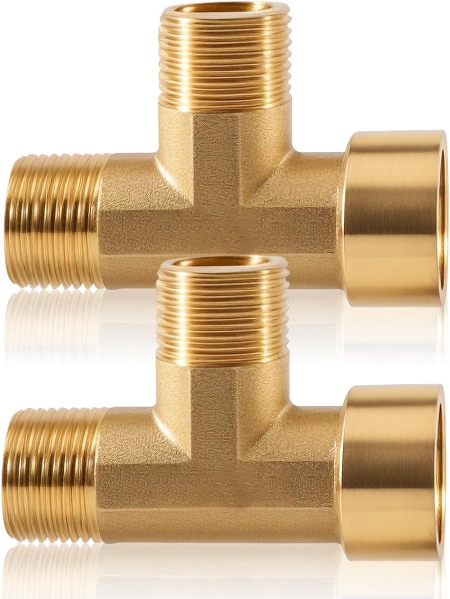3-delige 3/8 inch messing T-stuk 90° AG/AG/IG, 3-voudige connector voor waterdistributie, geschikt voor DN10 T-aansluiting en BSP vrouwelijke buisverbindingen