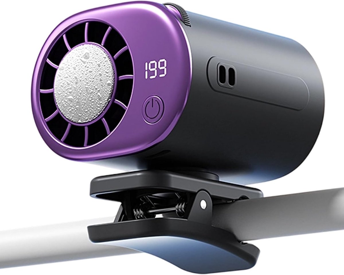 Autoventilator met clipbevestiging en LED-display - 360° draaibaar, 199 instelbare ventilatorsnelheden, draagbare, via USB oplaadbare persoonlijke koelventilator, 16℃ semi-koelstand, met afneembare brede clip.