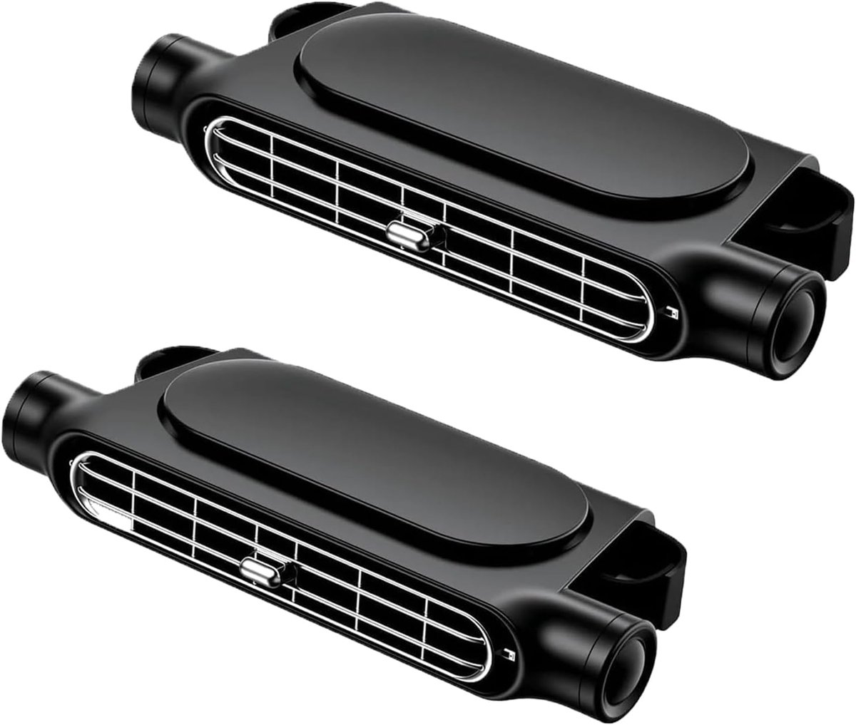 Twee ventilatoren voor de achterbank, 3 snelheden, verstelbare hoek, draagbaar ventilatieapparaat, 3000mAh oplaadbare batterij, clip-on luchtcirculator, ideaal voor roadtrips, kamperen en lange autoritten.