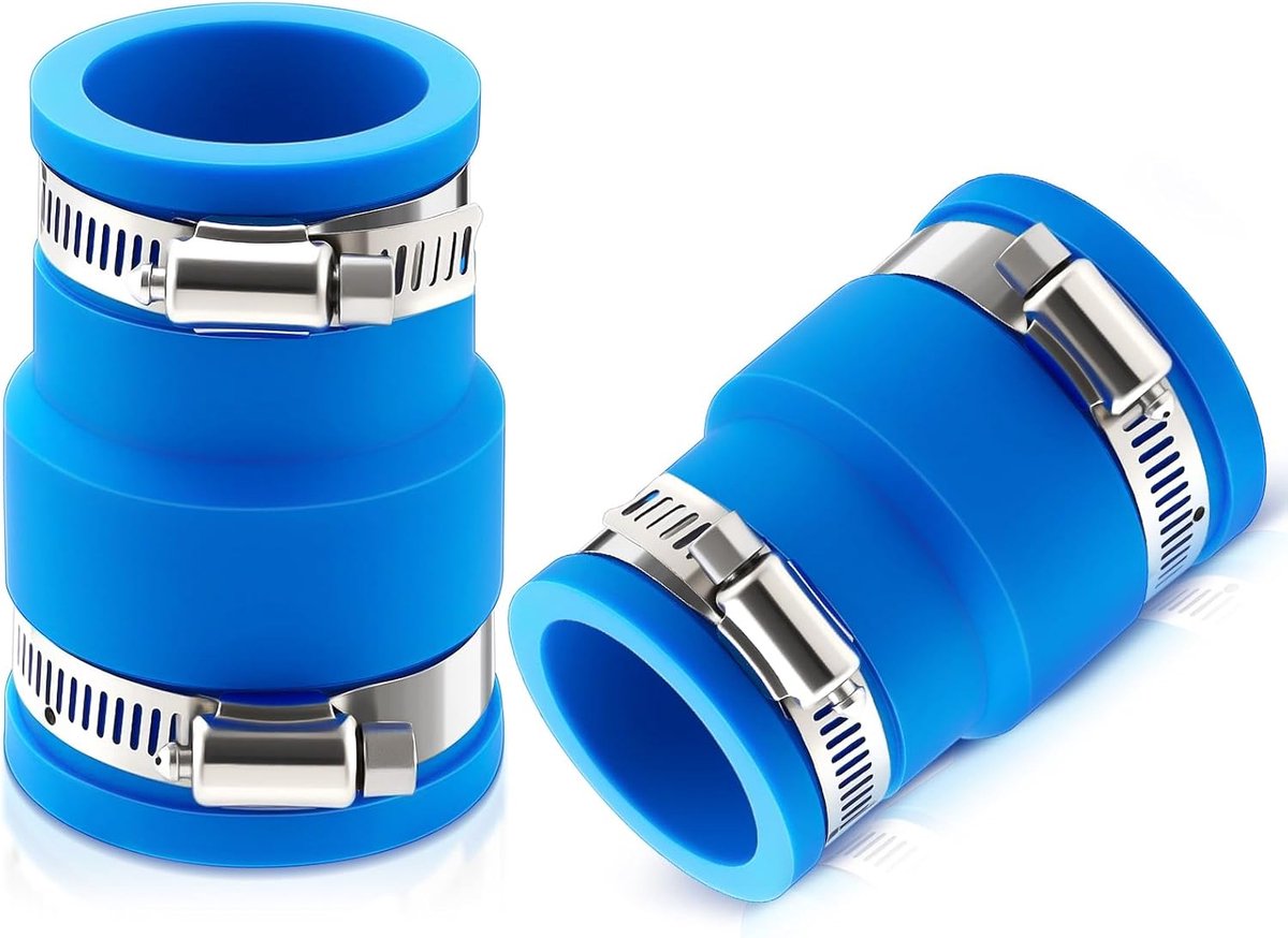 Set van 2 adapters voor zwembadstofzuigerslangen met skimmeraansluitingen van 1,25 naar 1,5 inch en 4 roestvrijstalen klemmen voor accessoires voor zwembadfilterpompen (blauw)