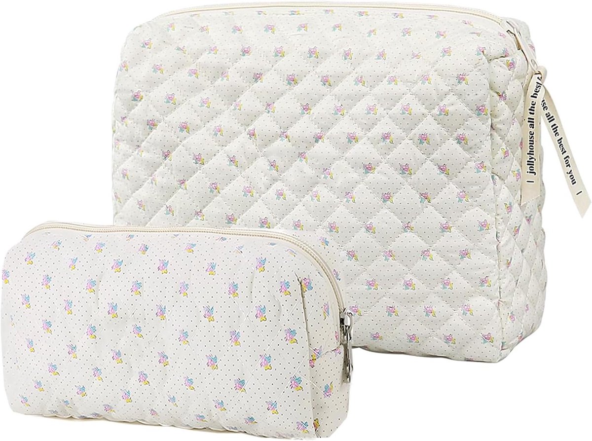 Set van 2 Bloemen Make-up Tassen, Kleine Gequiltde Tassen voor Vrouwen en Meisjes, Ideaal voor Reizen en Organisatie
