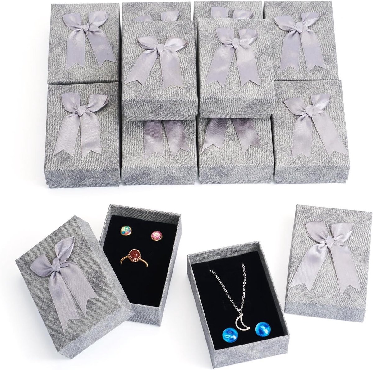 Rechthoekige papieren sieraden opbergdozen 12 stuks 9 x 6 x 3 cm met strikje voor ringen, kettingen en oorbellen, grijs kartonnen verpakkingen