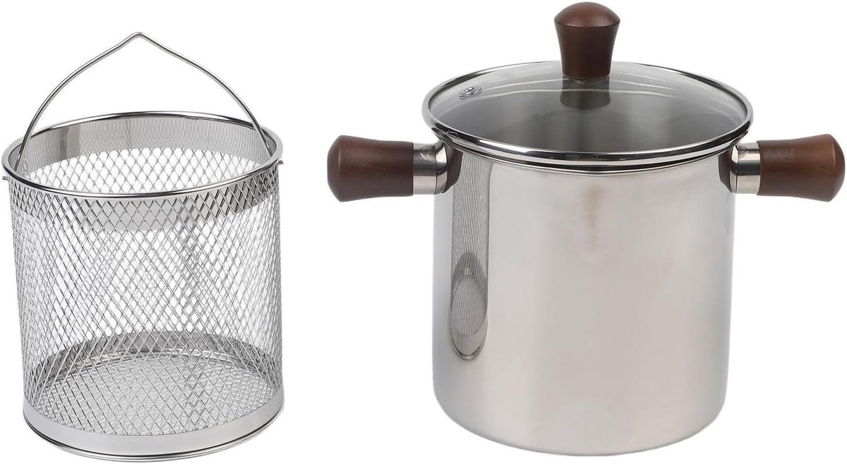 Roestvrijstalen Frituurpan Keukenpan Walnoot Veelzijdig Koken Geïntegreerd Zeefsysteem 1.5L of 2.0L Zilverkleurig