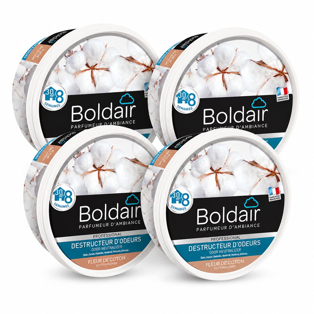 Boldair Geurverdrijver Gel Fleur de Coton 300 g - Set van 4 Stuks - Professionele Luchtverfrisser Geurneutralisator - 8 Weken Werking tot 30 m² - Made in France Grasse