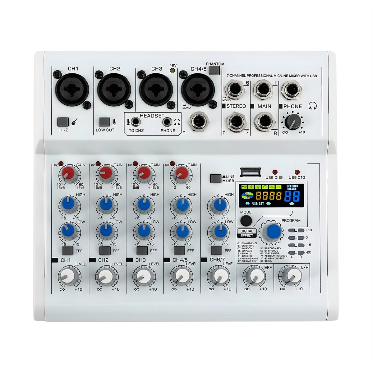 Audio Mixer – Voor Studio & DJ – 7-Kanaals Stereo Mengpaneel met USB, Bluetooth, Display en 88 DSP Digitale Effecten – Wit