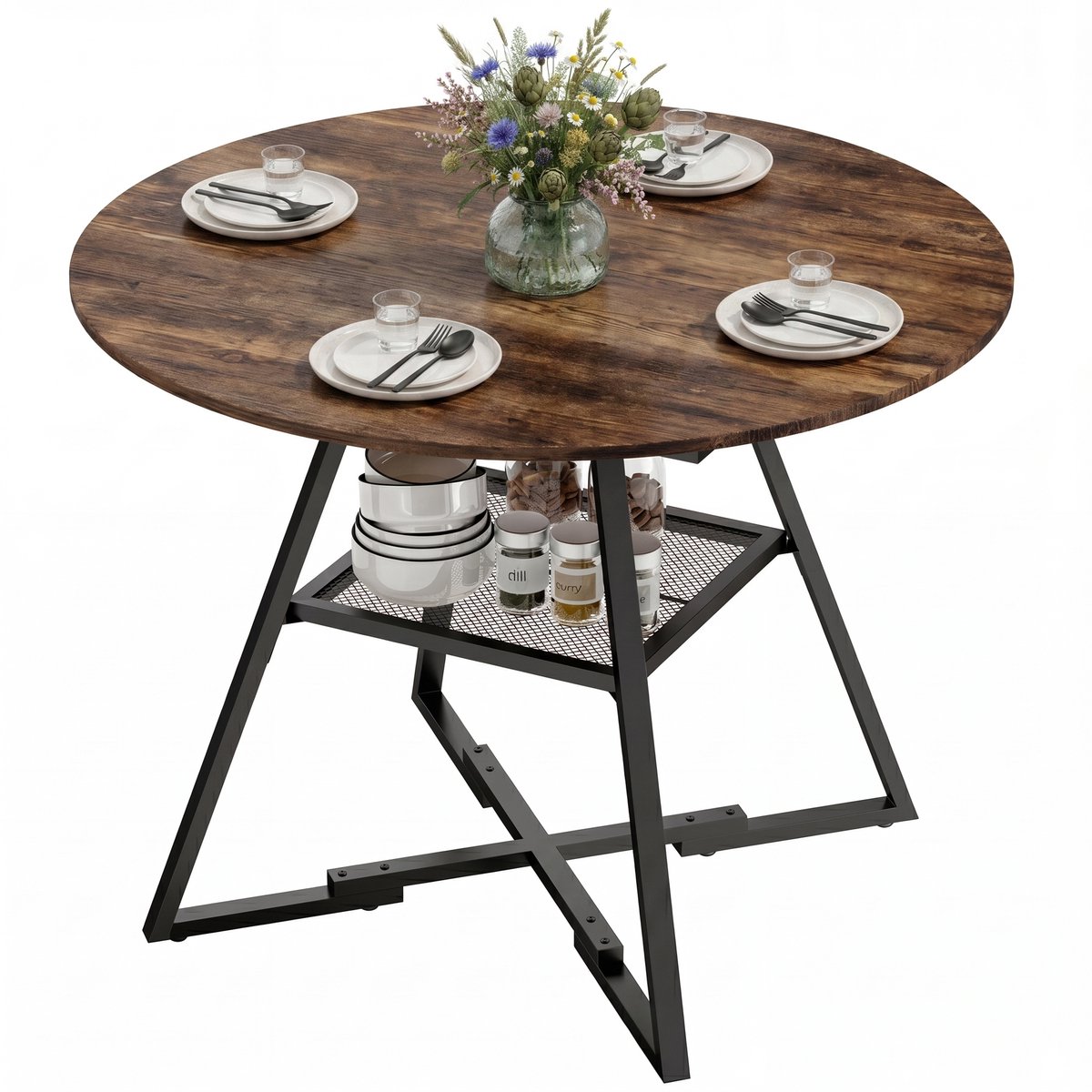 Homcom ronde eettafel industrieel metaal - Eettafel spaanplaat 4 personen - Rustiek bruin rustiek bruin, zwart