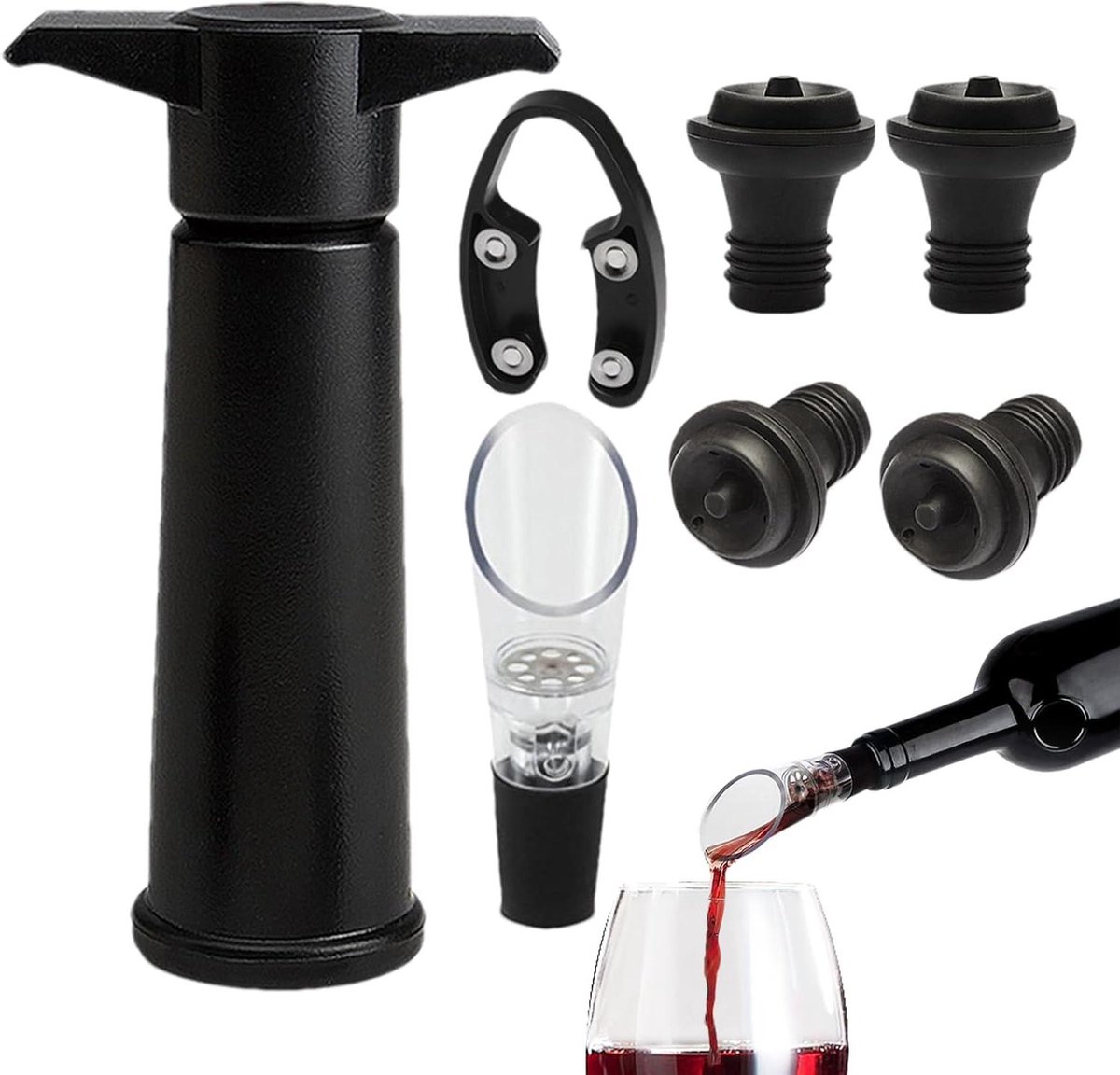 Wijnaccessoires Set - Wijn Geschenk - Wijn Bewaren - Vacuüm Verzegeling - 7 Delig - Zwart