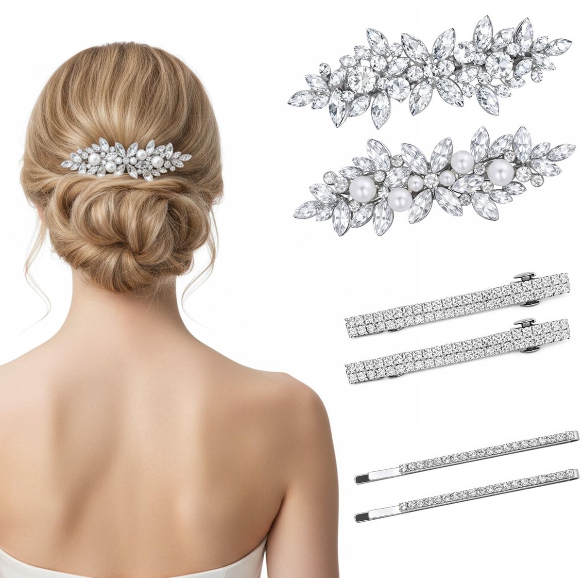 Dailygoods - Set van 6 Zilveren Haarspelden met Kristallen Steentjes