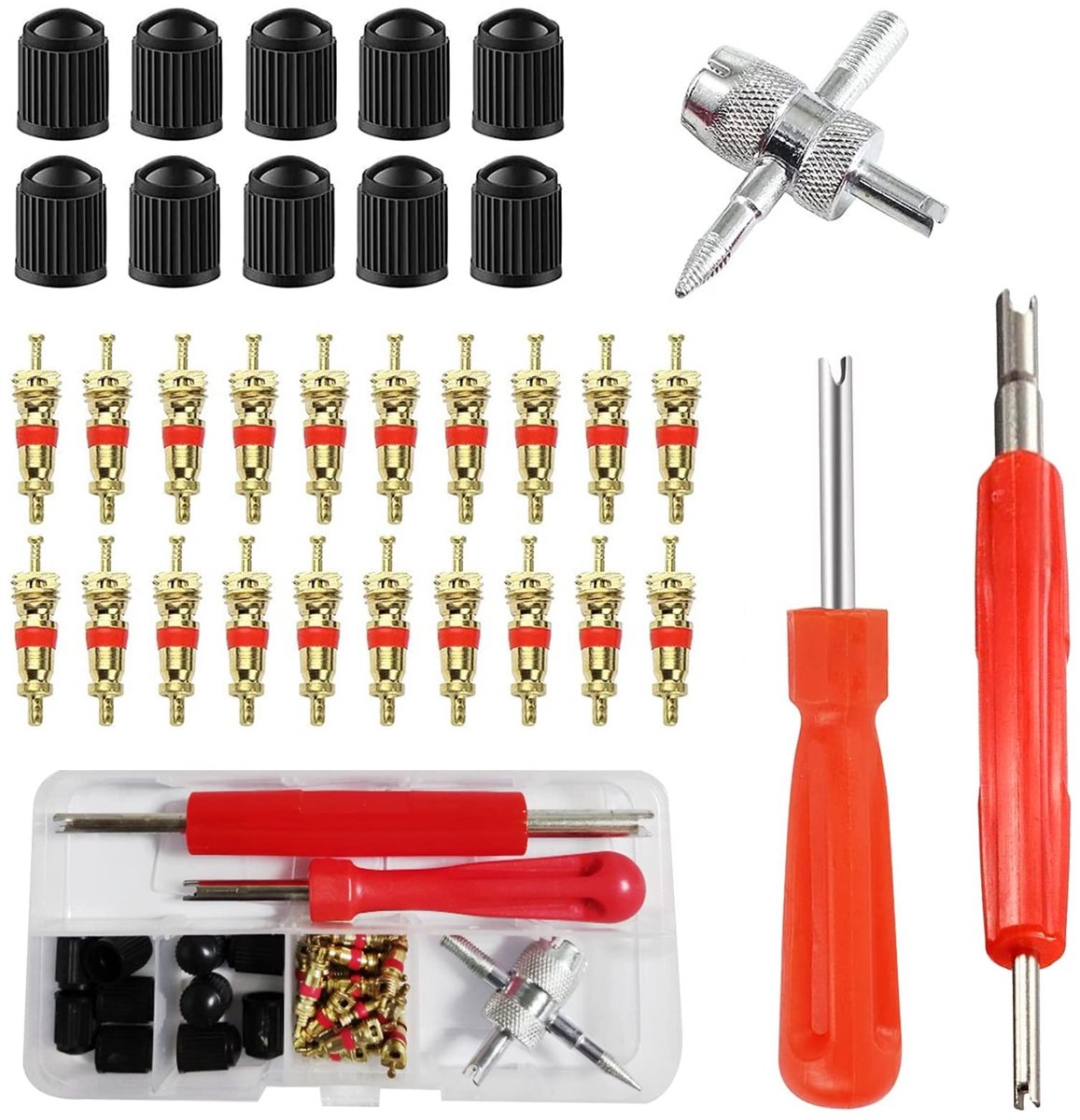 Dailygoods - Dailygoody - Bandventielverwijderaar - Bandenreparatie gereedschap - Duurzaam en gebruiksvriendelijk - 20 ventielinzetstukken - Inclusief handige dops