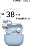 HUAWEI FreeClip 2 oordopjes in een lichtblauwe oplaadcase, met tot 38 uur batterijduur.