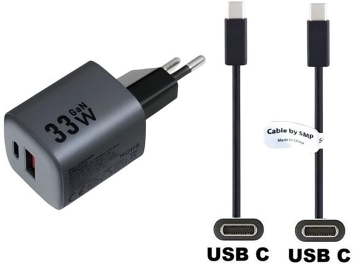 OneOne 33W super snellader USB A - USB C poorten en glazen screenprotector + 0,5m USB C naar USB C kabel. Krachtige zwarte PD PPS lader. Compacte oplader adapter met GaN III technologie. Screenprotector past op Apple iPhone 16e, iPhone 17e