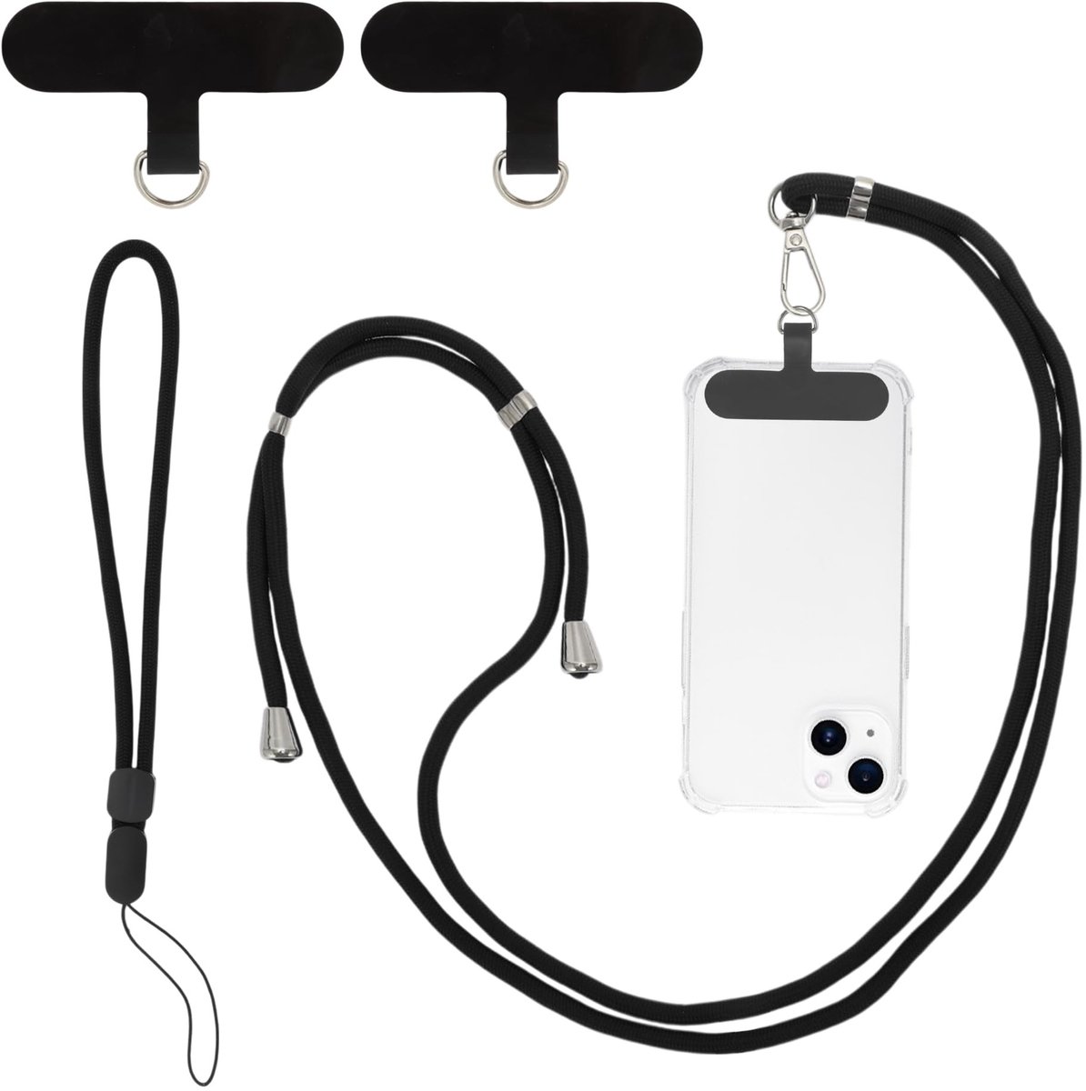 Dailygoods - Universele Telefoonketting Set met 2 Patches Zwart