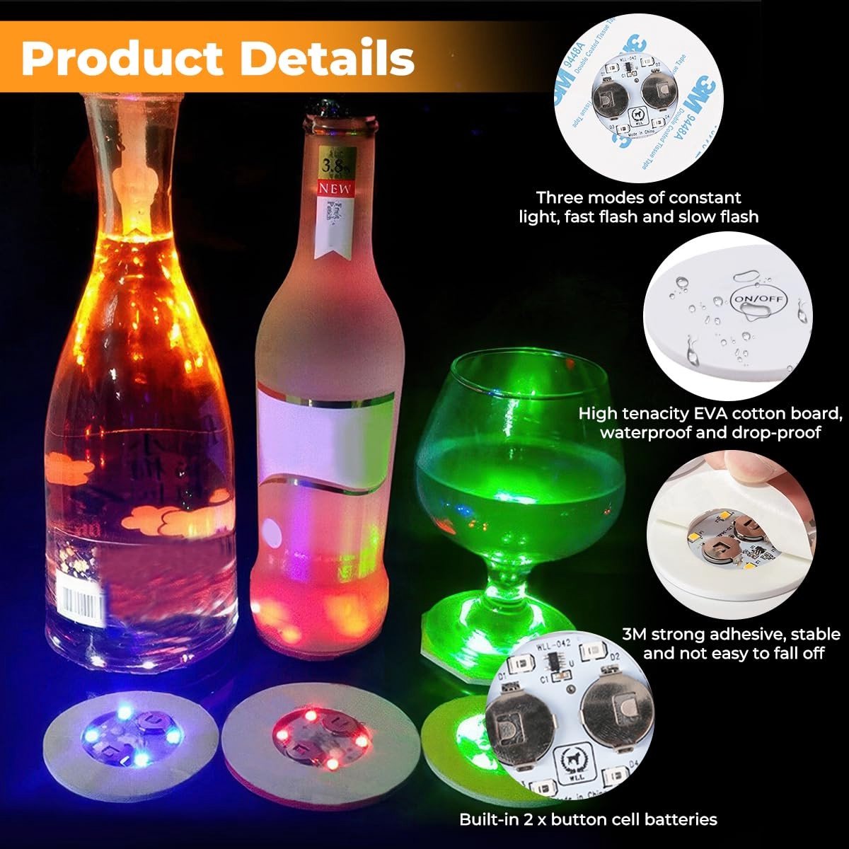 Dailygoods - Set van 8 Lichtgevende Onderzetters met 3 Lichtmodi