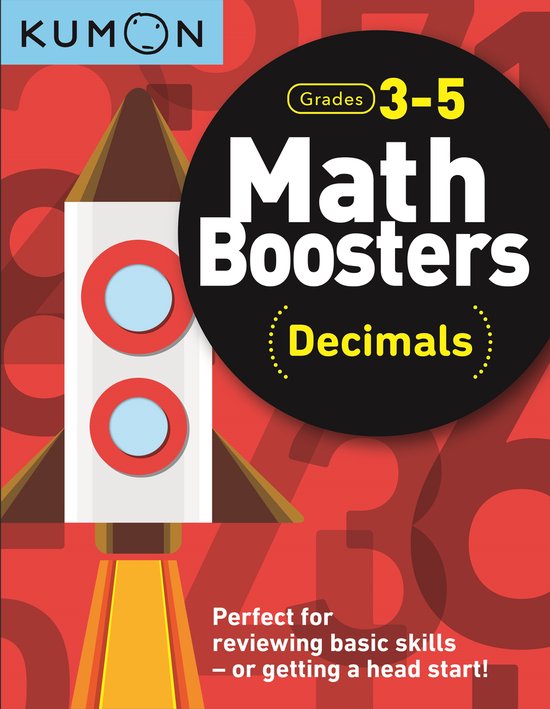 Kumon Math Boosters: Decimals voor groep 3-5. Een raket met "Decimals" en "Math Boosters".
