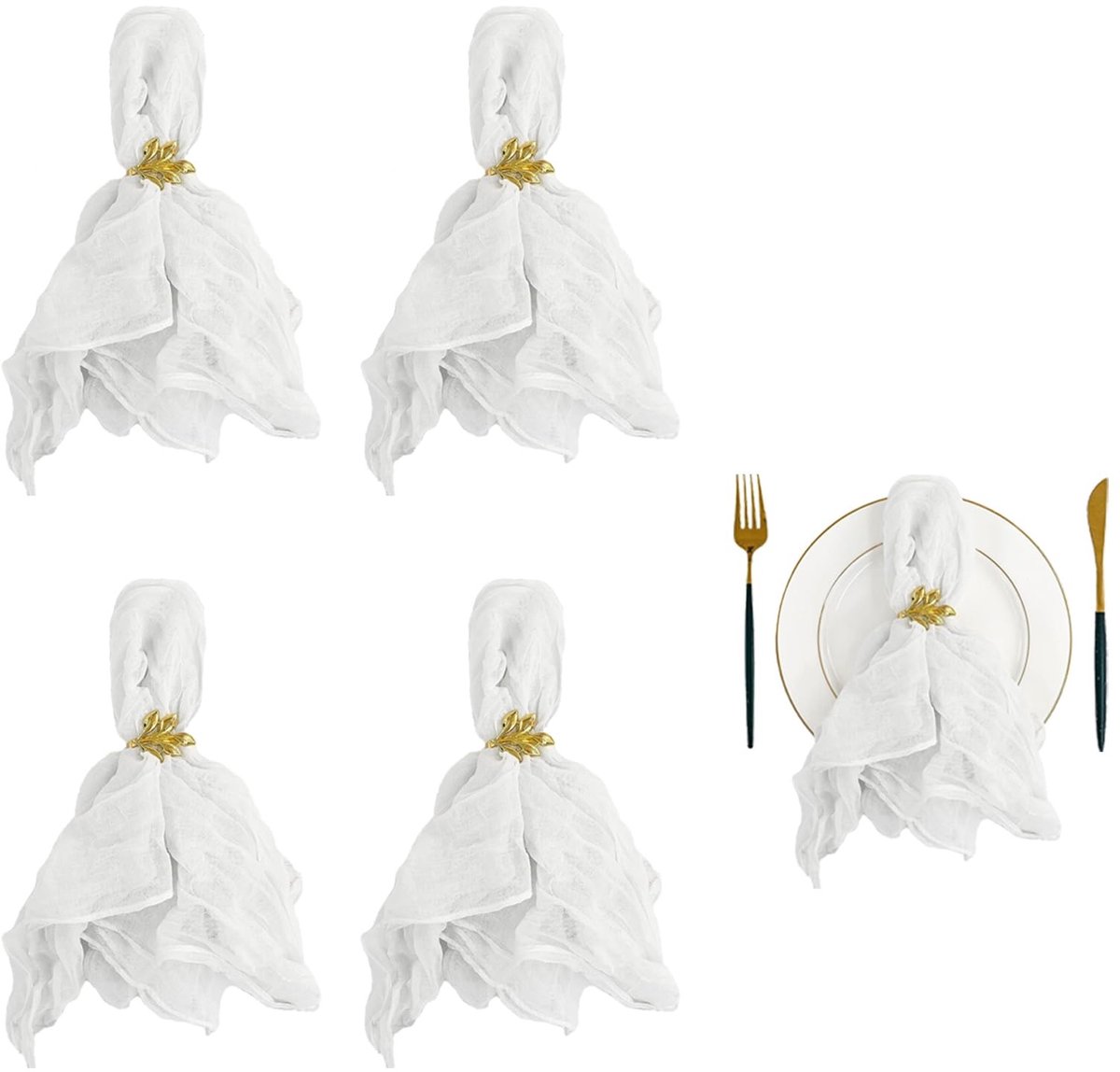 Dailygoods - Set van 4 Witte Stoffen Servetten met Gouden Servetknopen