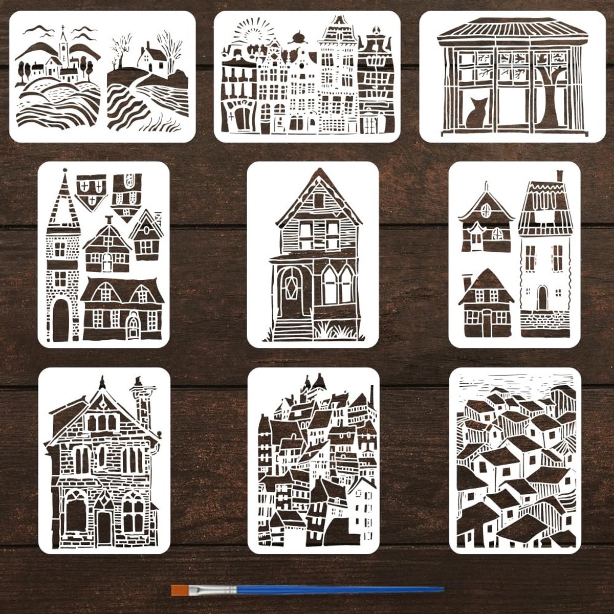 Dailygoods - 9 Stuks Stedelijke en Dorpsarchitectuursjablonen met Penseel