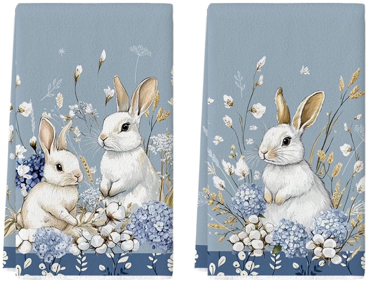 Dailygoods - Set van 2 Keukenhanddoeken met Konijntjes Design