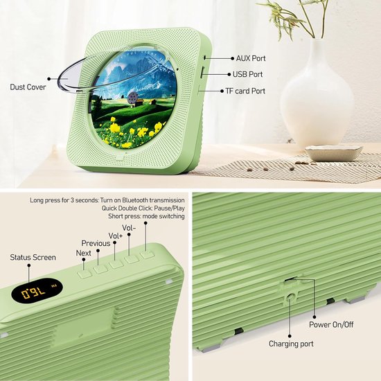 KZQ Draagbare cd speler - Bluetooth speler - Wandmontage - Oplaadbaar - Ingebouwde hifi-luidsprekers - Met afstandsbediening - LCD-scherm - Ondersteunt cd-/aux-/usb-ingang - Geschikt voor thuis en in de auto - Matcha groen van kzq — afbeelding 2