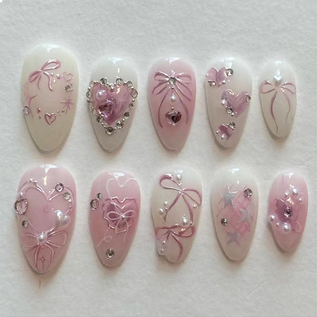 GlamRays 24 Pcs Roze Press On Nails met Franse Kant en 3D Hart Parels