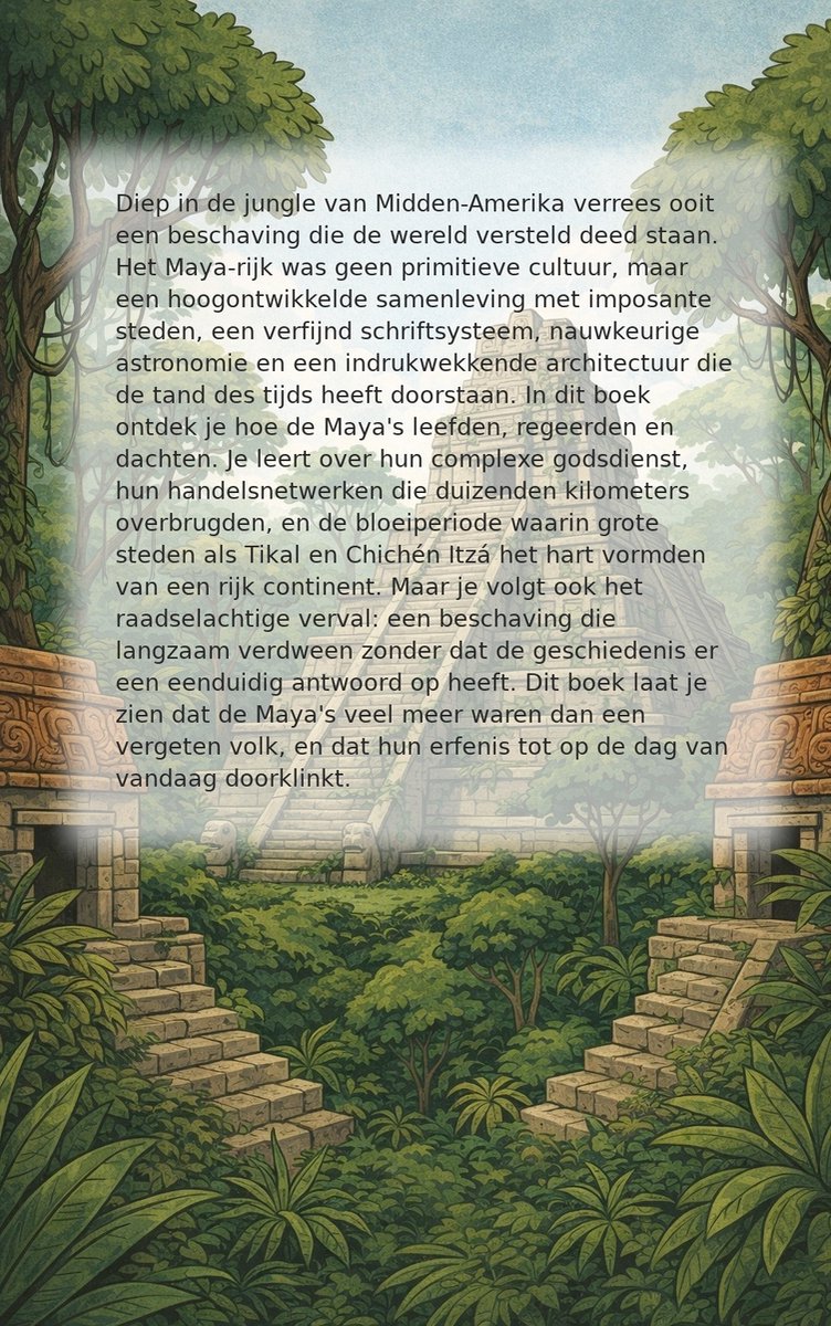Een Maya-piramide midden in een weelderige jungle, met tekst "Diep in de jungle van Midden-Amerika..."