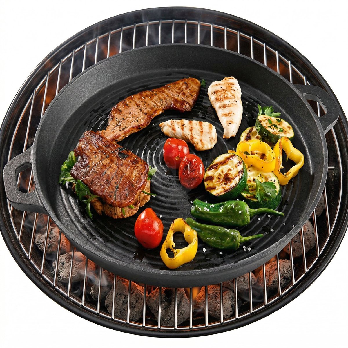 Cheqo® BBQ Grillpan Gietijzer - Barbecuepan - Gietijzeren Grillpan - Grillplaat - BBQ Pan - Grillrooster - Campingpan - Bakplaat - voor Barbecue en Kampvuur - Open Vuur