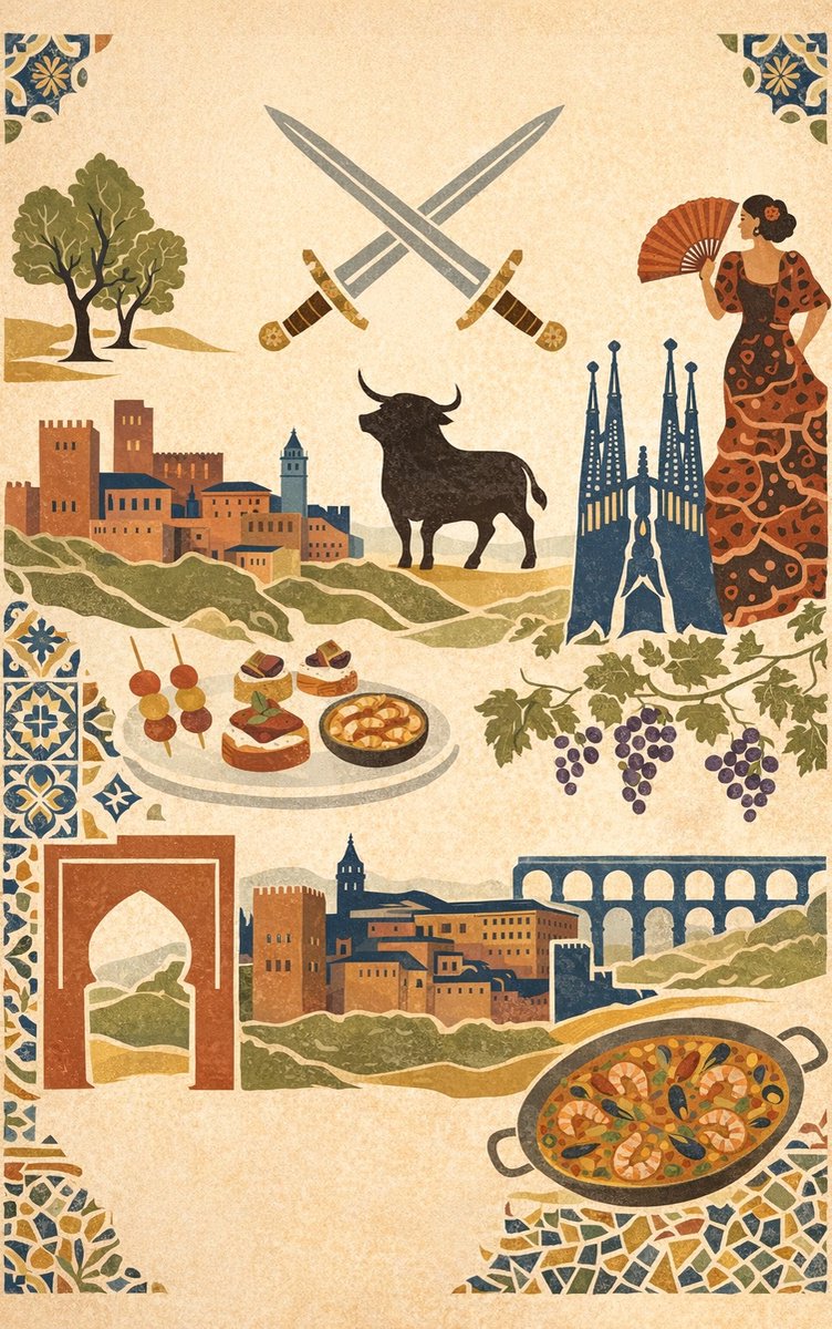 Illustratie met Spaanse thema's: steden, stieren, zwaarden, dames, eten en architectuur.