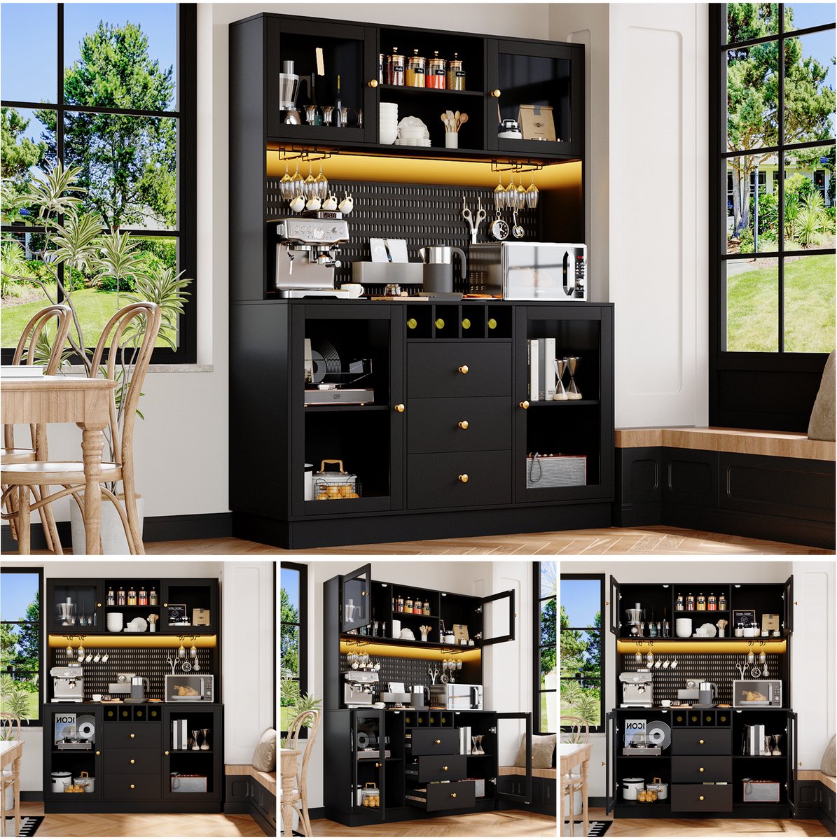 Keukenkast - Smart LED + Wijnrek + Anti-Kantel + Verstelbare Planken - Multifunctioneel - MDF - Zwart