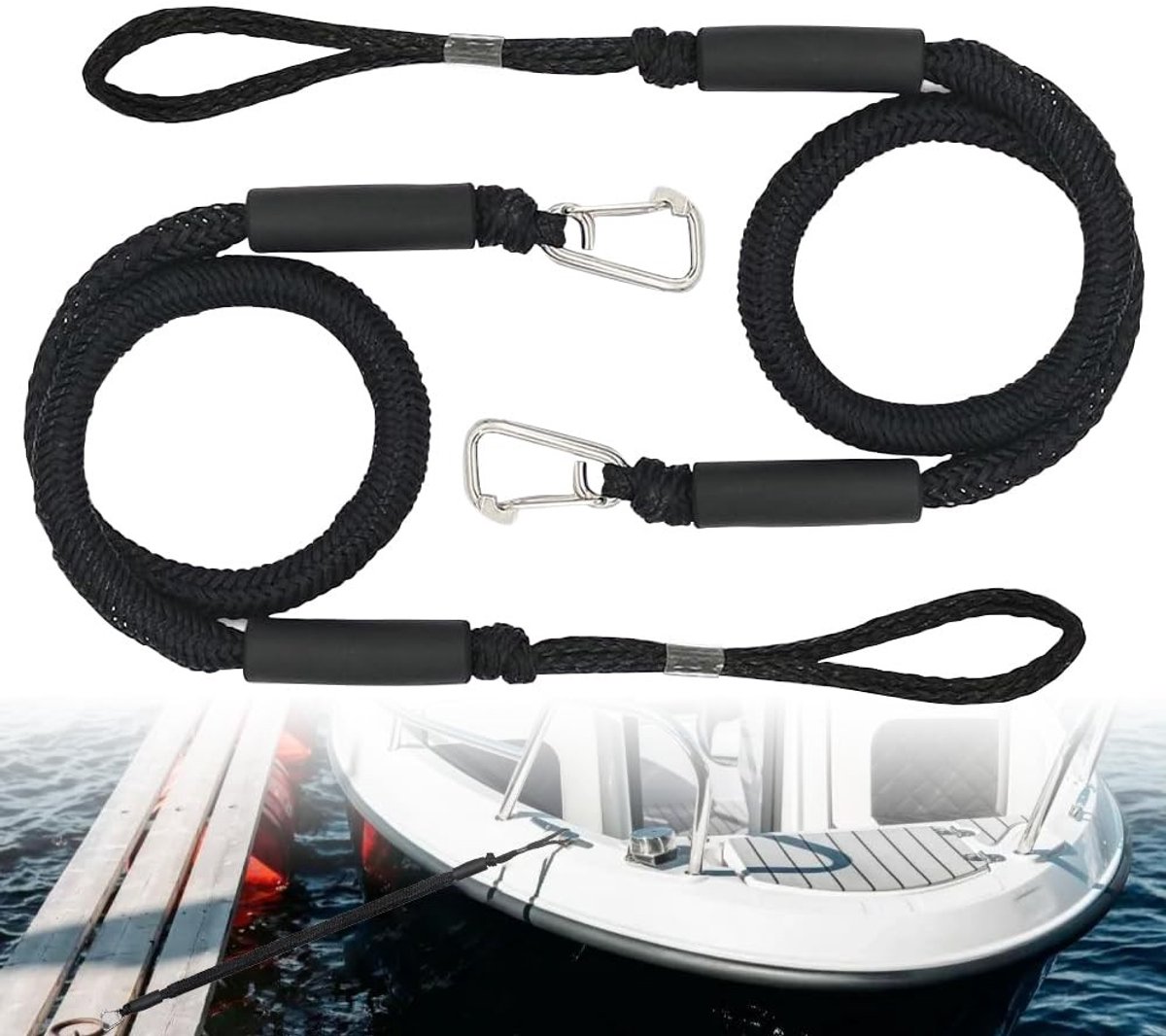 Bungee Dock Line Boot Mooringslijn 10 cm - Zwart met Haak - Set van 2 voor Kayak, Jet Ski, Pontoon