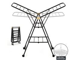 Eluxara Wasrek Deluxe – Inc. Kleine Droogmolen – Droogrek Met Wielen- 25 Meter Drooglengte - Groot Inklapbaar - 3-Laags – Kleding Wasdroogrek – Stevig RVS Frame – Modern Design – 160×47×95 cm - Zwart