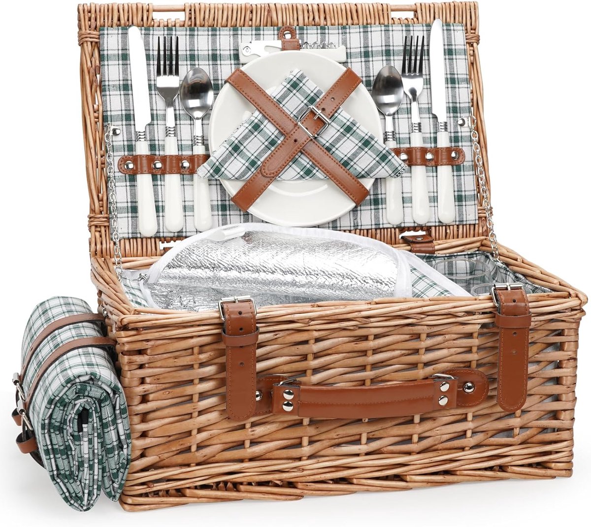 Picknickmand met Koelvak en Waterdichte Picknickdeken voor 2 Personen - Picknick Mandje - Boodschappenmand - Fruitmand - Winkelmand - Rieten Mand - Wilgenhout - Groen - van Imperatoris