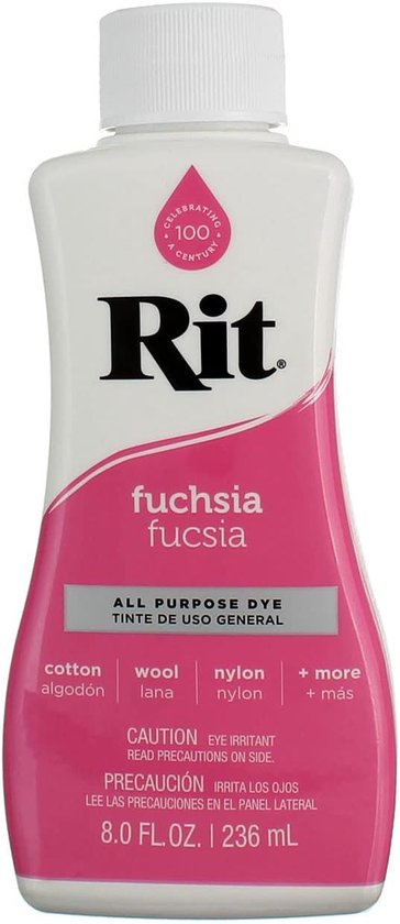 Flesje Rit All Purpose Dye in de kleur fuchsia, met tekst die aangeeft dat het geschikt is voor katoen, wol en nylon.