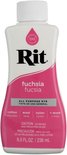 Flesje Rit All Purpose Dye in de kleur fuchsia, met tekst die aangeeft dat het geschikt is voor katoen, wol en nylon.