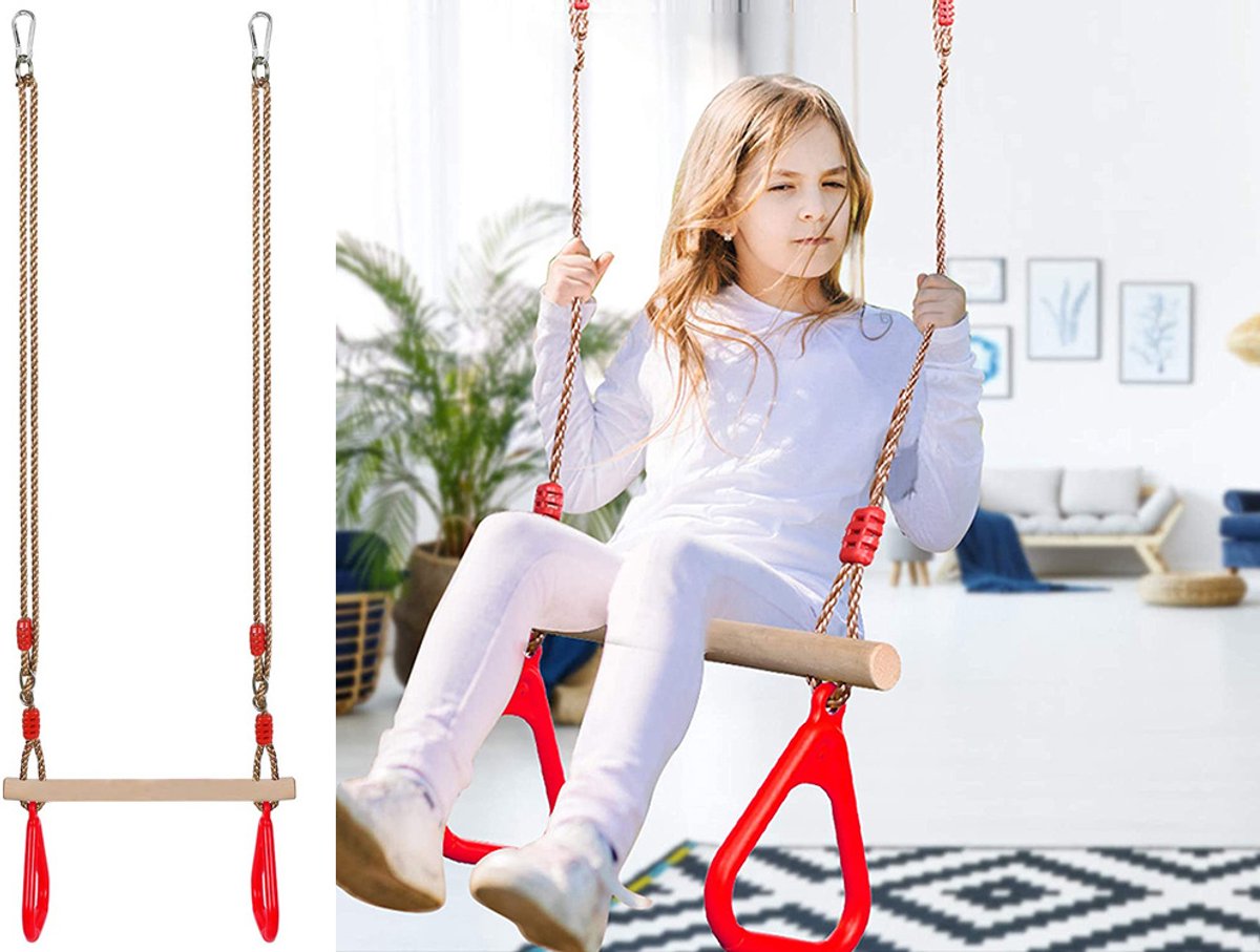 Houten Trapeze Schommel met Ringen – Kinder Gymnastiek Schommel voor Tuin & Binnen – Verstelbaar – Tot 100kg – houten schommel ringen – gymnastiek ringen kinderen – actief speelgoed kinderen – schommel – trapeze – ringen schommel – 32443 — afbeelding 7