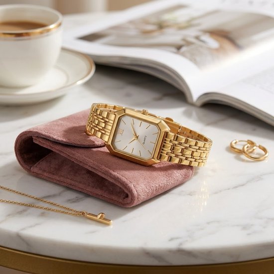 Gouden rechthoekig analoog horloge met witte wijzerplaat en Romeinse cijfers op een roze etui, naast oorbellen en een ketting.