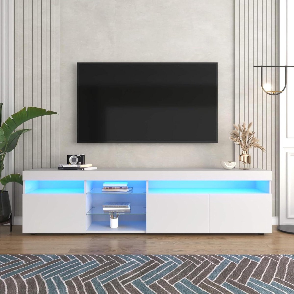 TV Meubel - Televisiekast - Woonkamer Opbergen - 16 Kleuren LED - 180x35x45cm - Wit