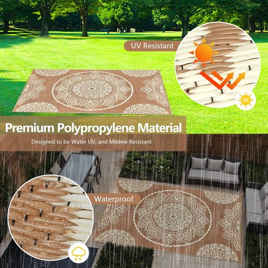 Famibay Outdoor tapijt, weerbestendig, 180 x 270 cm, omkeerbaar, campingtapijt, outdoor, waterdicht, beige, bruin, kunststof, omkeerbaar, licht, buitentapijt voor terras, tuin, balkon, camping, binnen — afbeelding 3