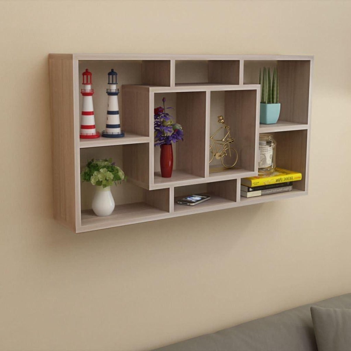 Wandrek met vakken - Zwevende plank - Decoratie presenteren - 8 open vakken - 85x16x47.5 c