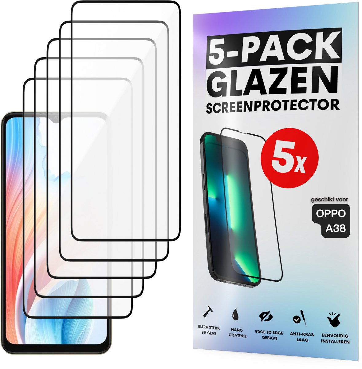 Screenprotector - Geschikt voor OPPO A38 - Gehard Glas - Full Cover Tempered Glass - Case Friendly - 5 Pack