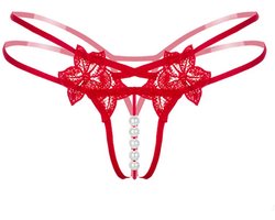 Sexy String met Parels - Kralen - Rood - Erotisch Design met Bloemen - One Size String - Dames Onderbroek Open Kruis - Lingerie / Ondergoed