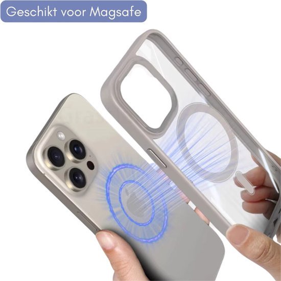 iPhone 14 Pro Max met grijze hoes en MagSafe ring, getoond met een transparante rand met 'Geschikt voor MagSafe'.
