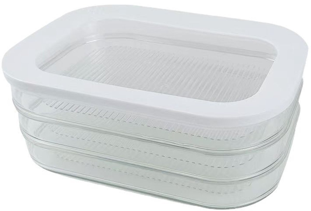 Driedelige vleesbewaarcontainers voor in de koelkast; containers met deksels voor het bewaren van vlees in dozen.