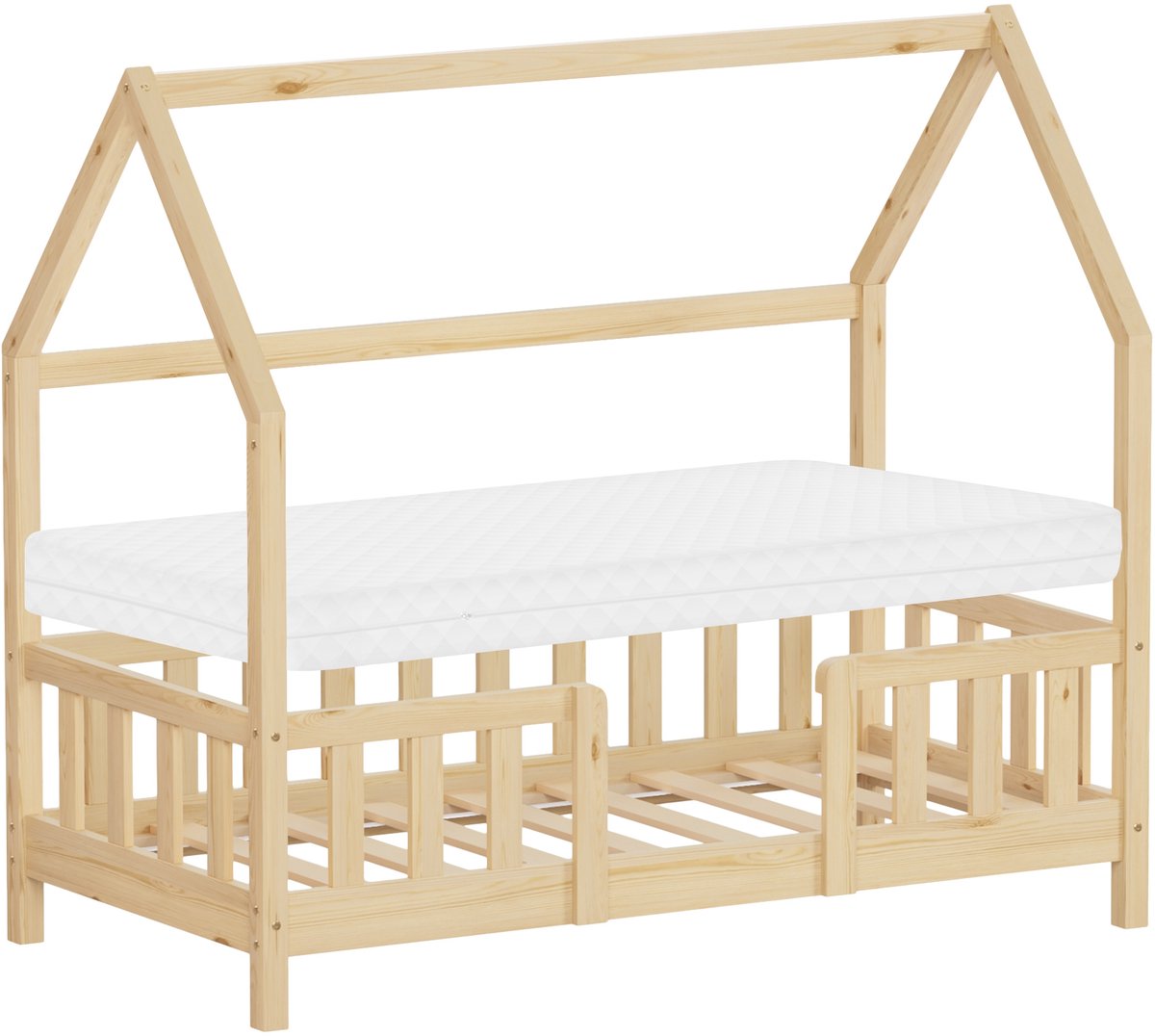 ml-design montessori kinderbed 70x140 cm natuur grenenhout met matras en valbeveiliging speelbed juniorbed kinderhuis houten bedframe lattenbodem dak decoratieve kap eenpersoonsbed kinderbed met dak kinderbed hout huisbed voor meisjes en jongens