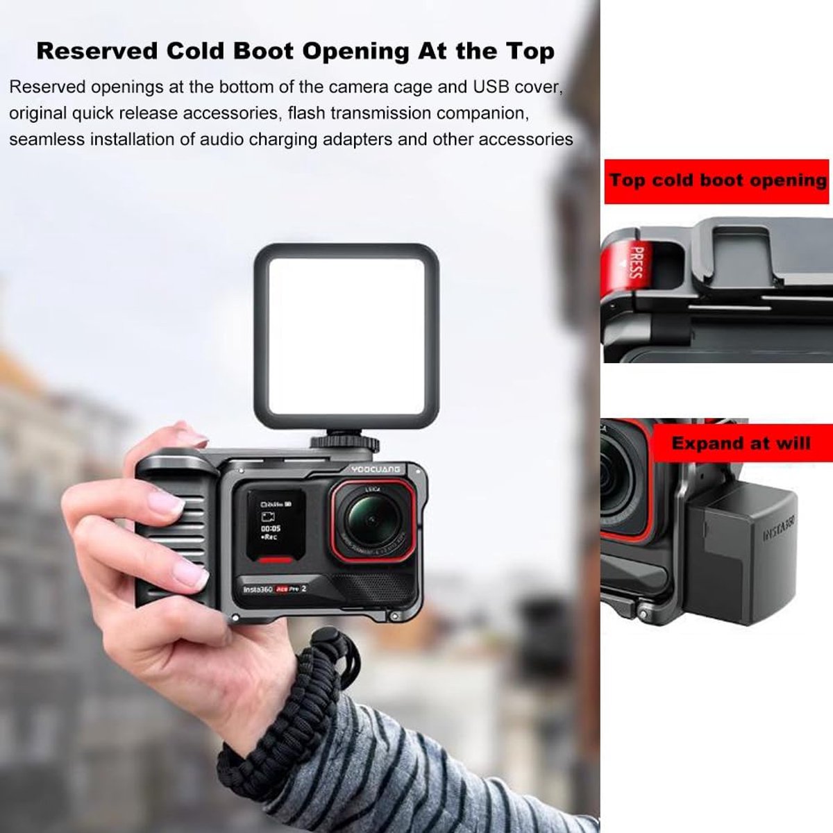 Camera Side Handle Grip Xplorer Kit voor Insta.360 Ace Pro 2/Ace Pro/Ace, Camera Cage met Koude Schoen Interface en Sluiter, Handvat met 1/4 schroef interface voor Vlogging & Travel Shoot thumbnail 3