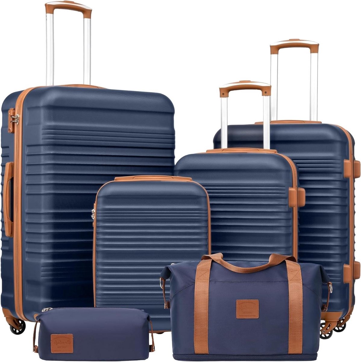 Reis Koffer Set - Trolley Bagage - Veelzijdige Reizen - Robuuste ABS Koffer - 6 Delig Inclusief Tas - Blauw Bruin