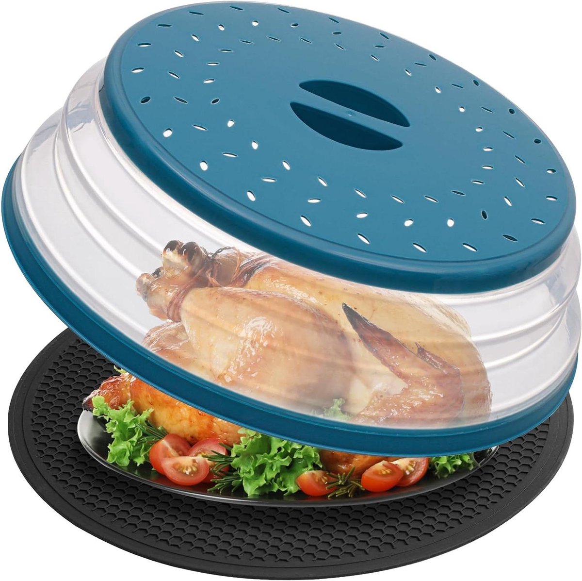 Magnetron Spatdeksel en Mat - Magnetron Deksel - Schoon Houden - Opvouwbaar en Hittebestendig - 30cm Rond - Blauw Zwart