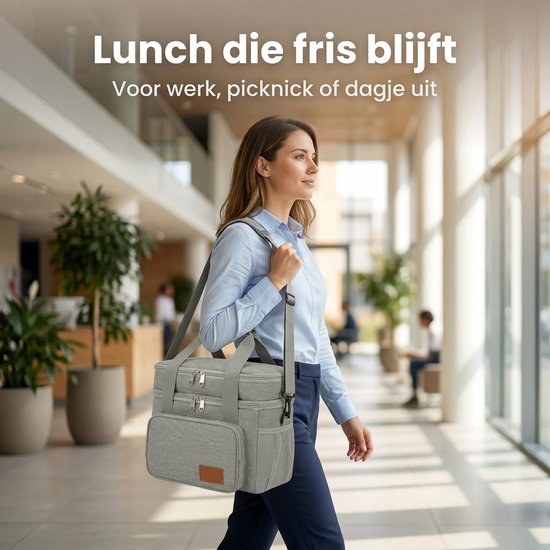 Lomera Koeltas - Lunchtas - Geïsoleerd - Opvouwbaar - Picknicktas - Thermotas - Koeltasje voor Volwassenen - Schoudertas - Coolerbag - Lunch Bag - Isolatietas voor Werk - Dubbel Compartiment - Waterafstotend - Lunchbox - Grijs — afbeelding 4