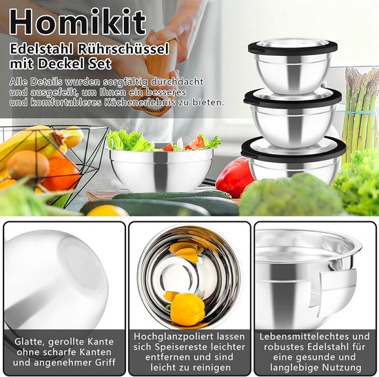 Mengkom set - Keukenbakken - Ingrediënten mengen - Met raspopzetstukken - 5 maten 4.6L - Zwart — afbeelding 4